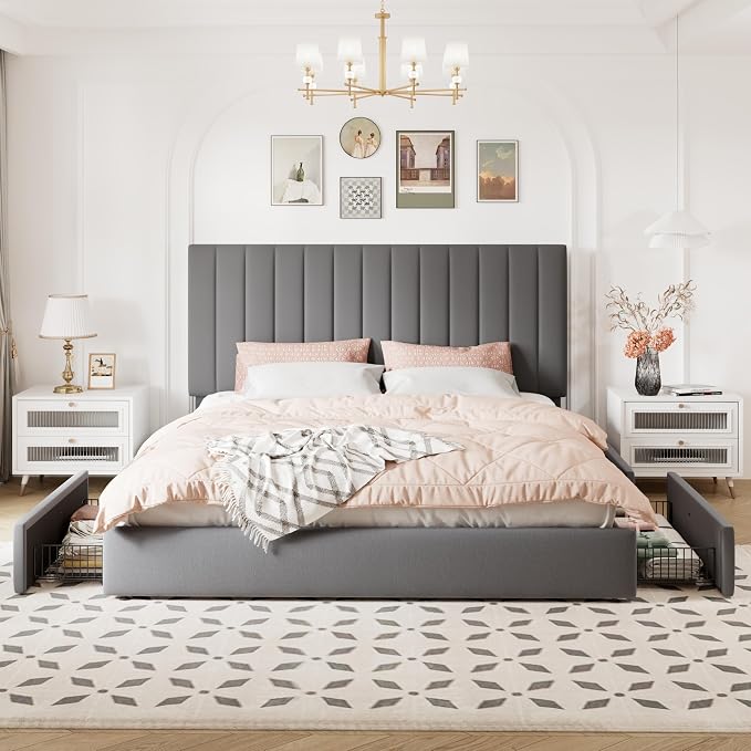 Allewie King Size Storage Bed Frame, Vertical Channel Tufted Adjustable - Image 3
