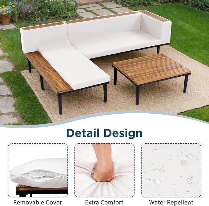 VilroCaz Luxury Outdoor Patio Furniture Set, L-Shaped Acacia Wood Sectional Sofa - Image 6