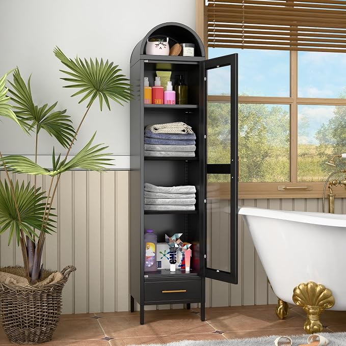 METAN Metal Arched Storage Display Cabinet, 1 Glass Door and Bottom 1 Drawer - Image 7