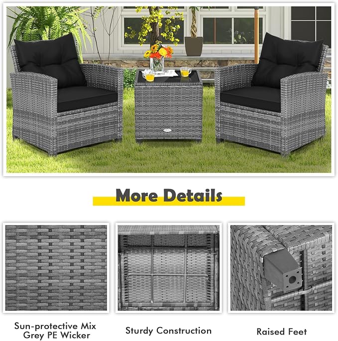 HAPPYGRILL 3 Pieces Patio Conversation Set, Outdoor Furniture Set PE Rattan - Image 6