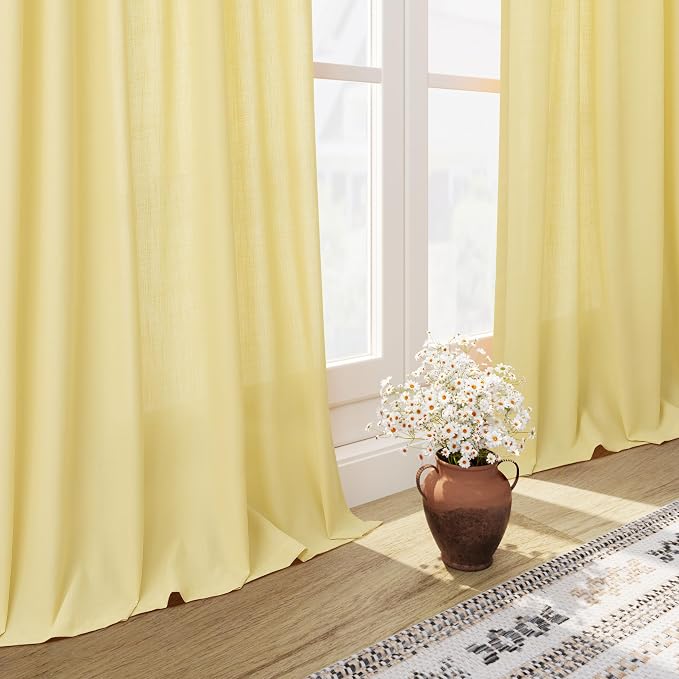 Yellow Linen Semi Sheer Curtains 120 Inches Long 2 Panels Set Back Tab Loop - Image 6