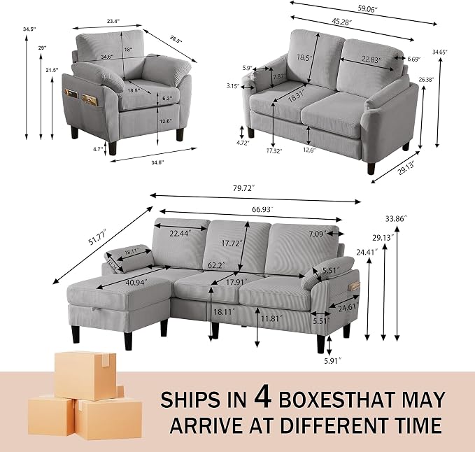 4 Piece Modern Corduroy Sofa Set, L-Shaped Sectional Couch - Image 2