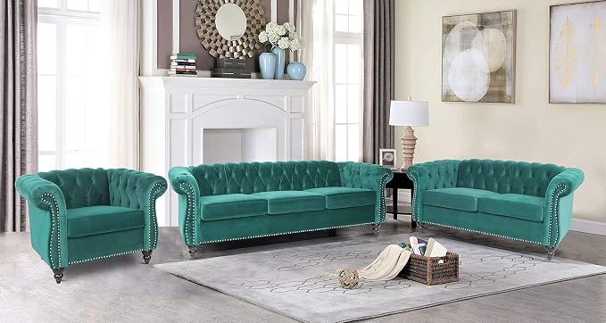 RARZOE Modern 2 Pieces Living Room Sofa Set, Contemporary Tufted Button Velvet - Image 3