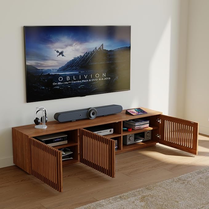 POVISON Full Assembled Mid Century Modern TV Stand, Wood Slatted Media Console - Image 5
