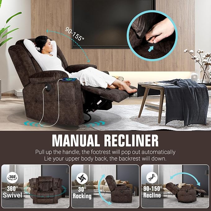 LEVELEVE Retro Rocking Recliner Chair, Massage Rocker Recliner Chair - Image 4