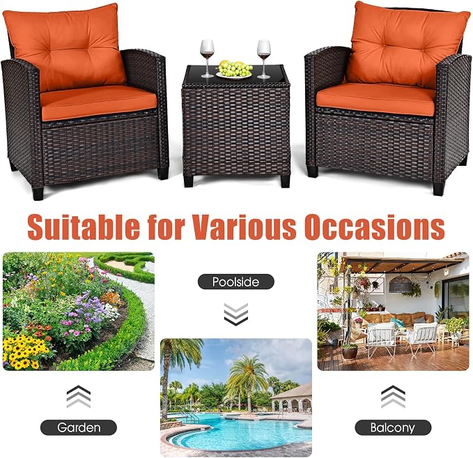 HAPPYGRILL 3 Pieces Patio Conversation Set, Outdoor Furniture Set PE Rattan - Image 8