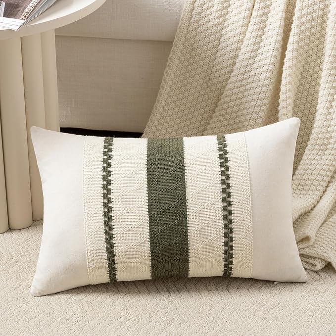 Fancy Homi Set of 1 Boho Olive Green Lumbar Decorative Throw Pillow Cover 12x20 by Fancy+Homi