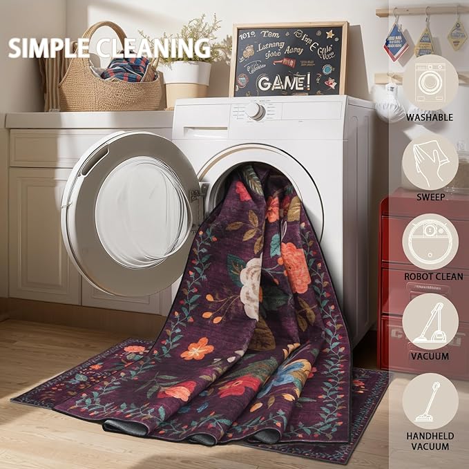 Area Rugs 9x12 Living Room Washable Rug Non Slip Floral Low Pile Large Rug - Image 4