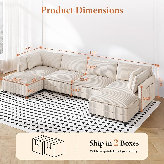 Vesgantti 143" U Shaped Sectional Modular Couch, Comfy Corduroy Upholstered - Image 2