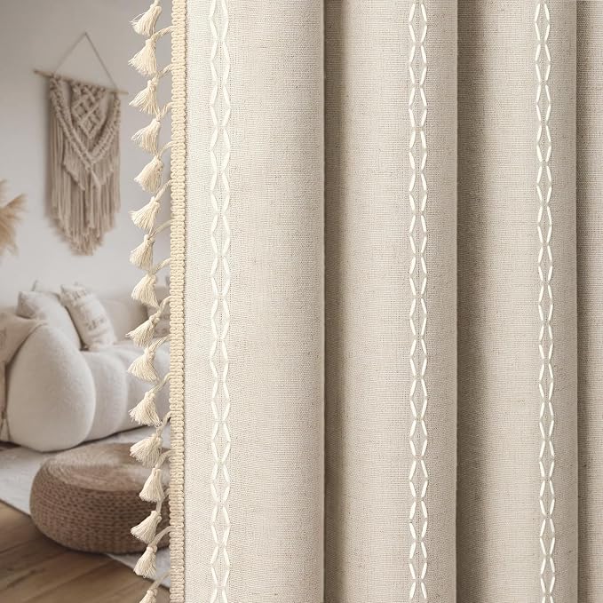 Boho Blackout Curtains 96 Inches Long Beige Linen Blend 2 Panels - Image 9