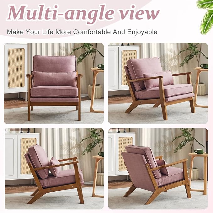 VINGLI Solid Wood Wide Armrests Accent Chair, Upholstered Mid Century Modern - Image 8