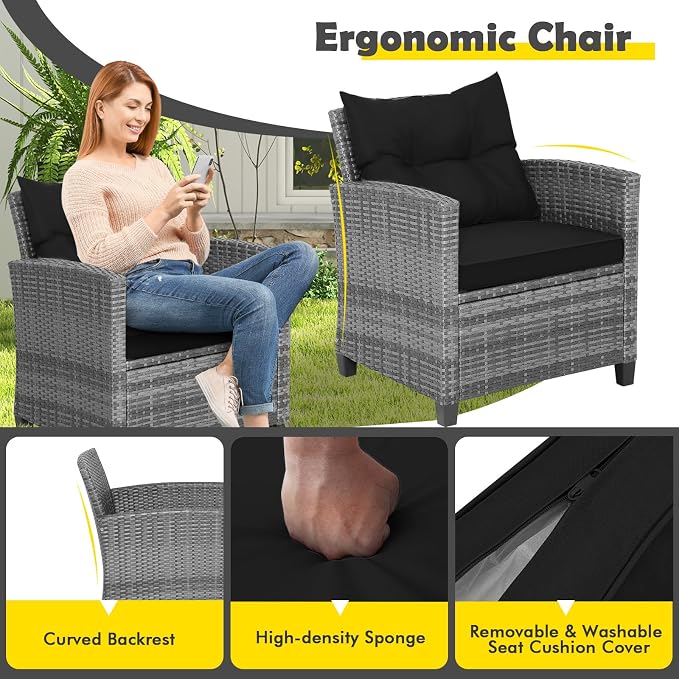 HAPPYGRILL 3 Pieces Patio Conversation Set, Outdoor Furniture Set PE Rattan - Image 4