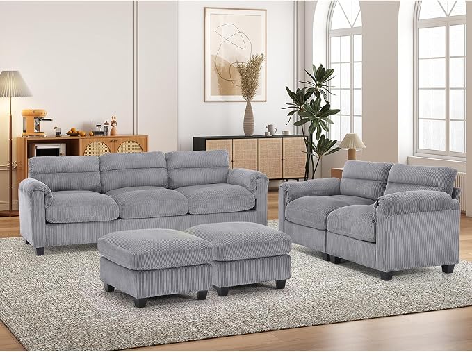 HAOMARKETS Corduroy 4-Piece Sofa Set, Upholstered Ottoman Set of 2, Loveseat - Image 6
