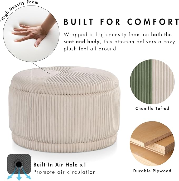 Furniture of America Lennox Modern Chenille 29-inch Round Storage Ottoman - Image 5