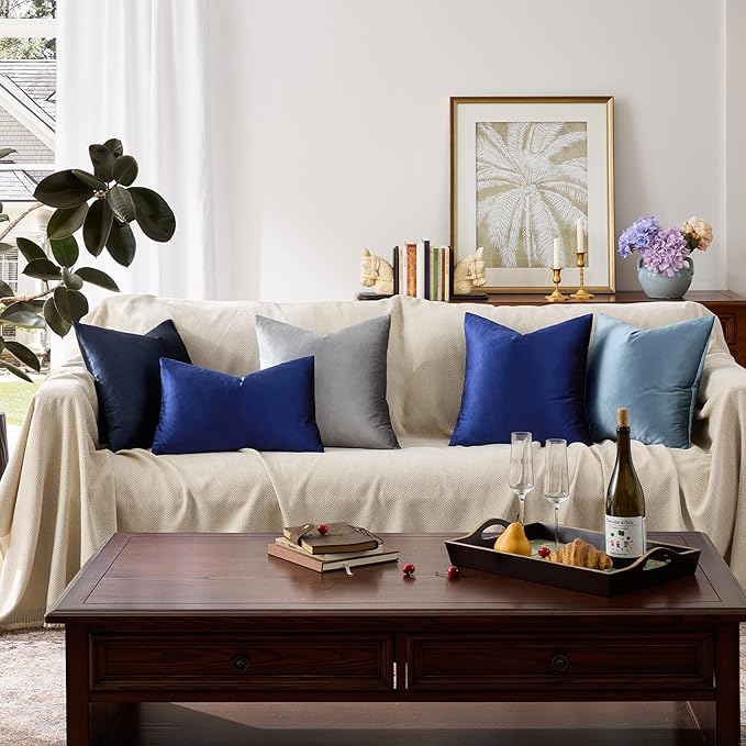 GIGIZAZA Blue Decorative Throw Pillow Covers, 20x20 Velvet Square Solid Couch - Image 4