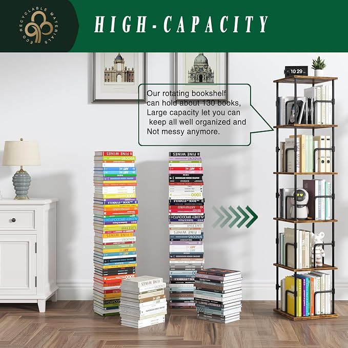 5-Tier Rotating Bookshelf, Freestanding Corner Bookshelf, 360° Spinning - Image 3