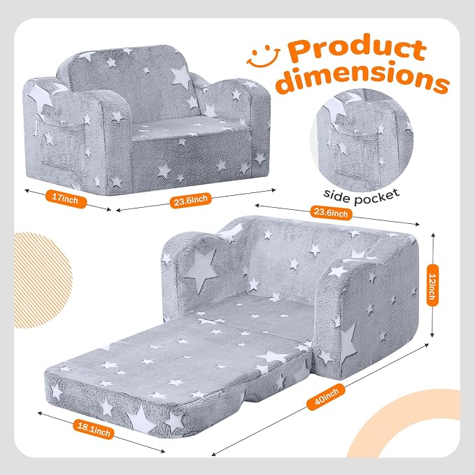 MeMoreCool Glowing Star Kids Chair, 2-in-1 Foldable Kids Couch - Image 2
