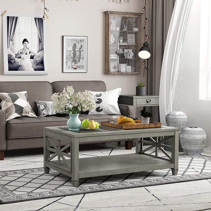 Solid Wood Coffee Table with Tempered Glass Top, 2-Tier 45.5" X 26" Farmhouse - Image 3