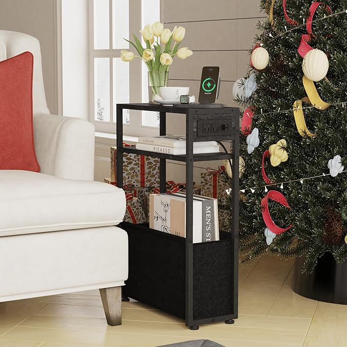 Leomonio Black Side Table with Charging Station, Slim End Tables with Fabric - Image 7