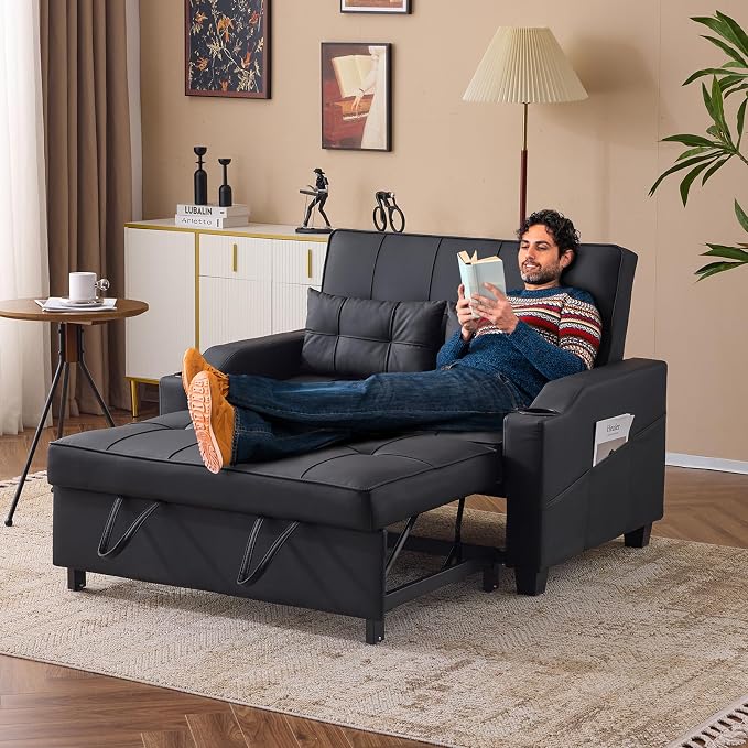 VINGLI Black Futon Sofa Bed Convertible Loveseat Sleeper Couch, Faux Leather - Image 9