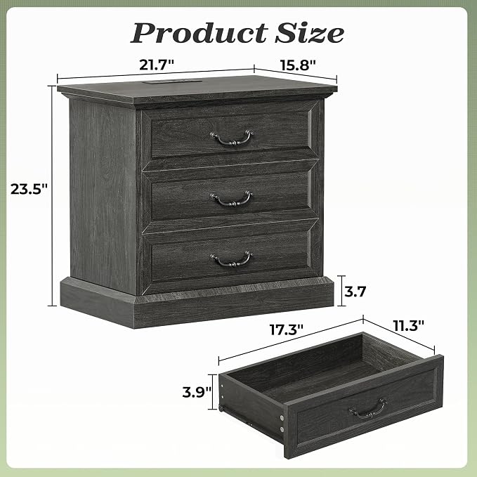 Huuger Nightstand with Charging Station, 3 Drawer Night Stand, 22 Inch Wider - Image 2