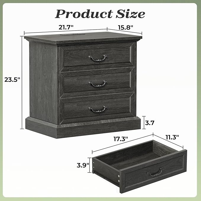 Huuger Nightstand with Charging Station, 3 Drawer Night Stand Set of 2 - Image 2