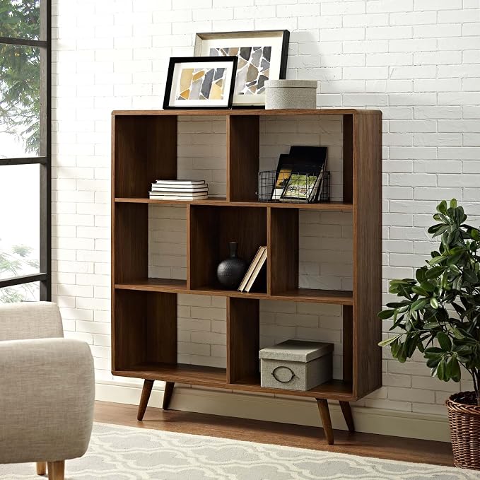 Modway Transmit Mid-Century Offset Cube Wood 7 tier Bookcase in Walnut - Image 5