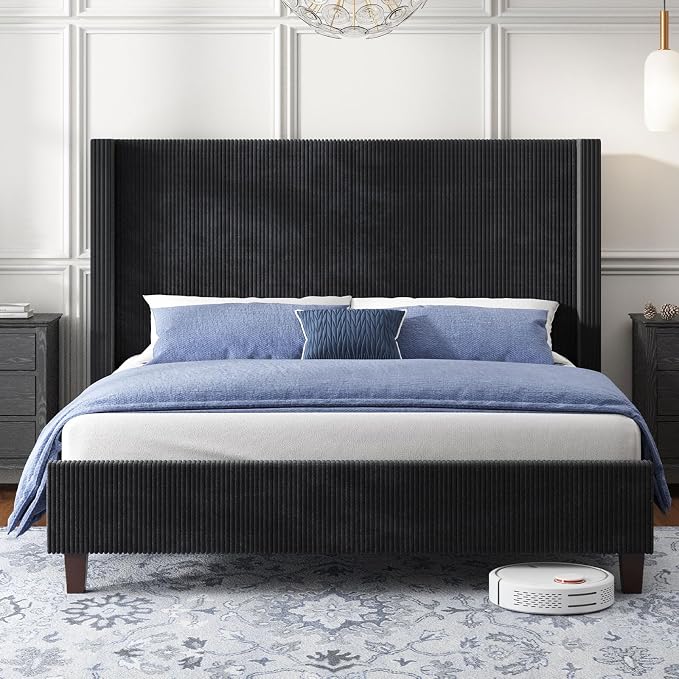 HOWE Queen Size Bed Frame with 50.8" Tall Wingback Headboard, Modern Corduroy - Image 3