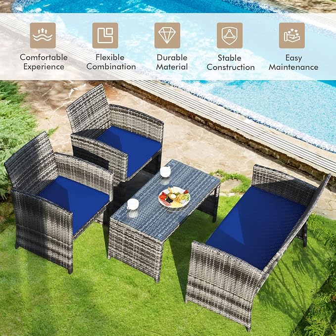 Goplus 4-Piece Rattan Patio Furniture Set, Outdoor Wicker Conversation Sofa - Image 2