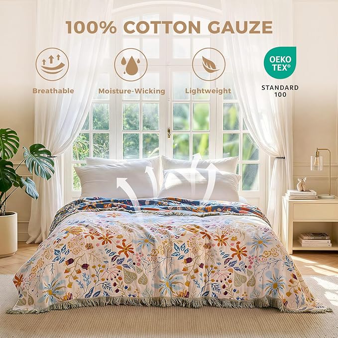 LUTBM Boho Throw Blanket with Florals & Leaves Embroidery Reversible - Image 2