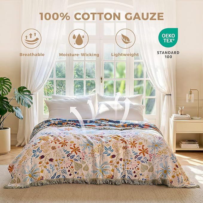 LUTBM Boho Throw Blanket with Florals & Leaves Embroidery Reversible - Image 3