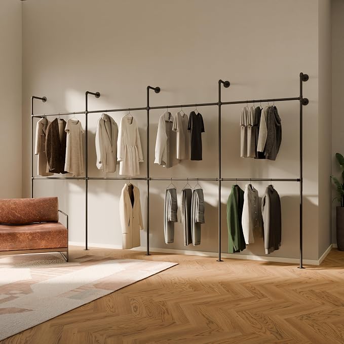 pamo Industrial Pipe Clothing Rack – Wall Mounted Black Closet System in by pamo