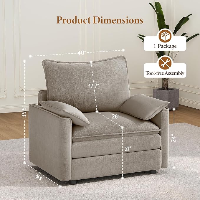 Vesgantti 40" Single Seat Sofa, Comfy Cloud Couch Deep Seat Upholstered Couch - Image 2