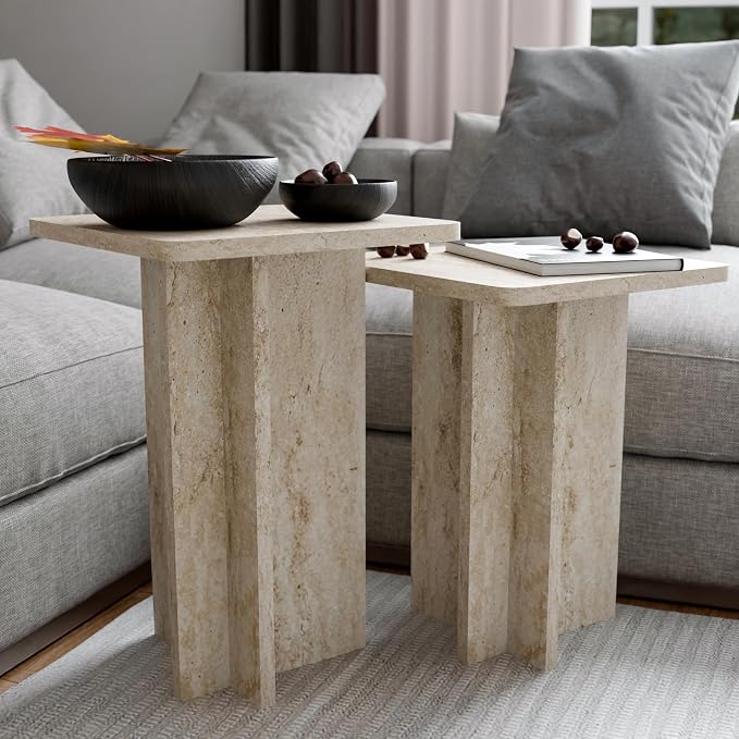 Travertine Efect Square Nesting Table Set of 2 Modern Coffee Table Small Side - Image 4
