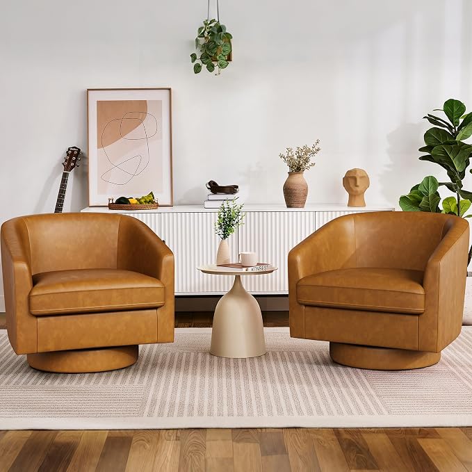 Swivel Barrel Accent Chairs Set of 2, Round Faux Leather Living Room Arm Chairs by ErdoruLiving