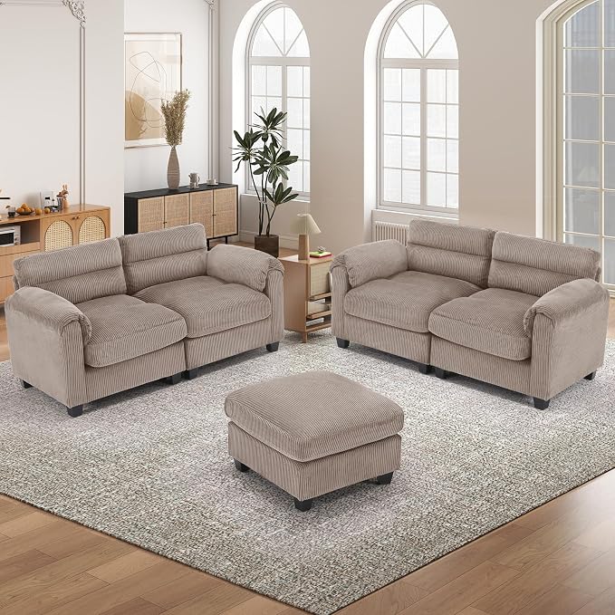 HAOMARKETS Corduroy Sofa Set, Upholstered Ottoman, Loveseat Set of 2with Plush - Image 6