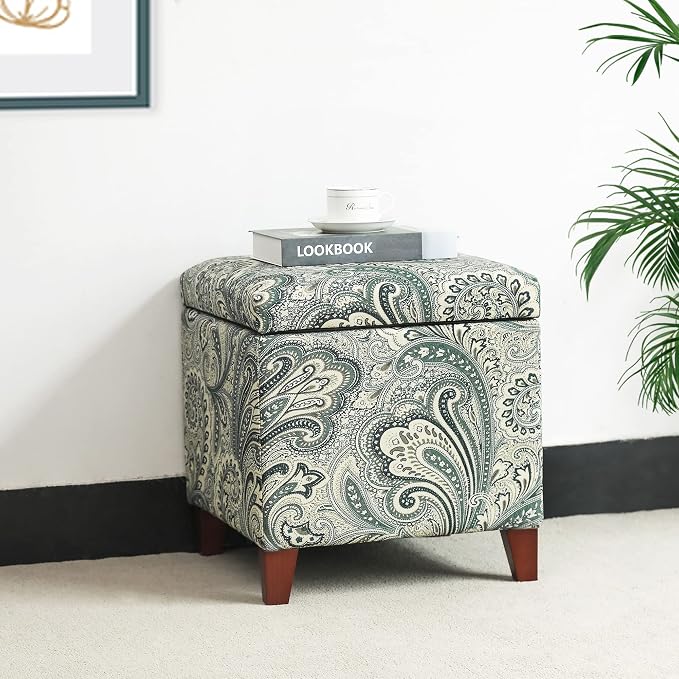 Adeco 18" Cube Storage Ottoman in Blue Paisley, Upholstered Linen Foot Stool & - Image 3