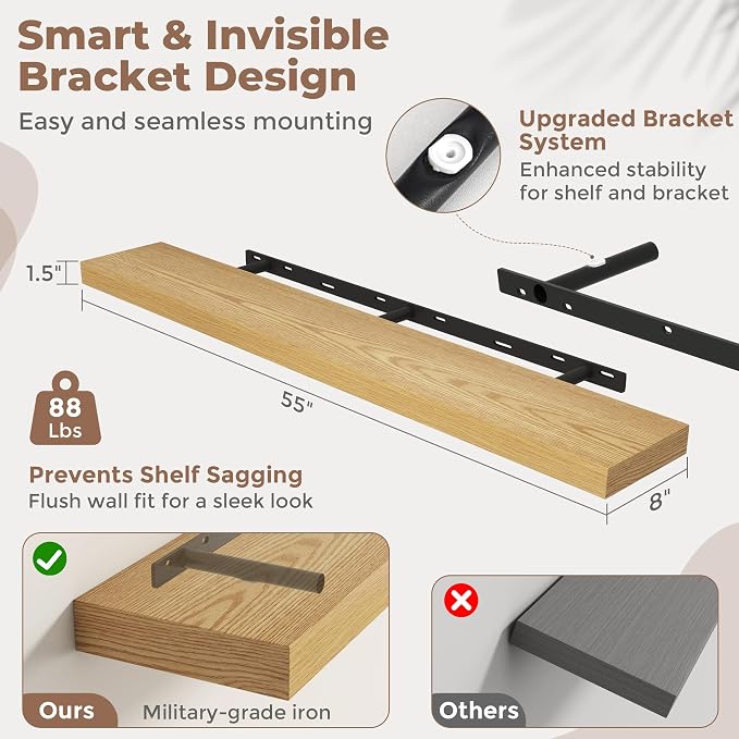 FLYJOE Floating Shelves for Wall, 55 Inch Floating Shelves Set of 2, Kitchen - Image 2