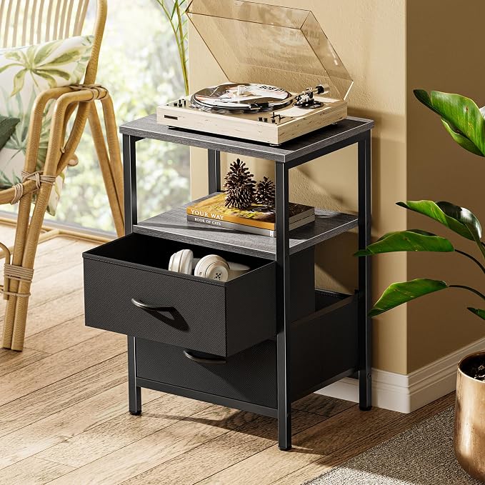 Huuger Night Stand with 2 Drawers, Bed Side Table with Open Shelf, Wooden Top - Image 2