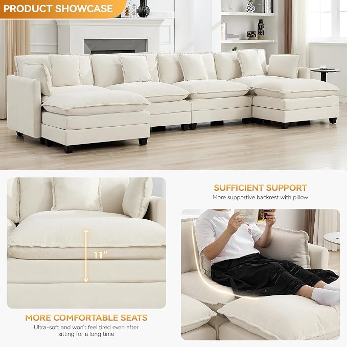 147'' Sectional Cloud Deep Seat Couch, Oversized Chenille U Shaped Sectional - Image 3