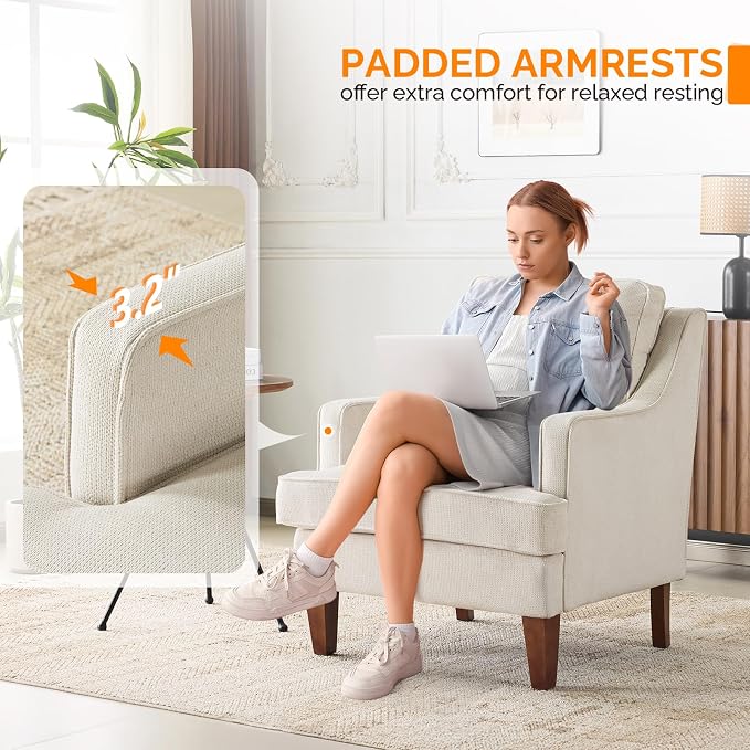 VINGLI Beige Accent Chair, Mid Century Modern Chairs, Upholstered Armchair - Image 3
