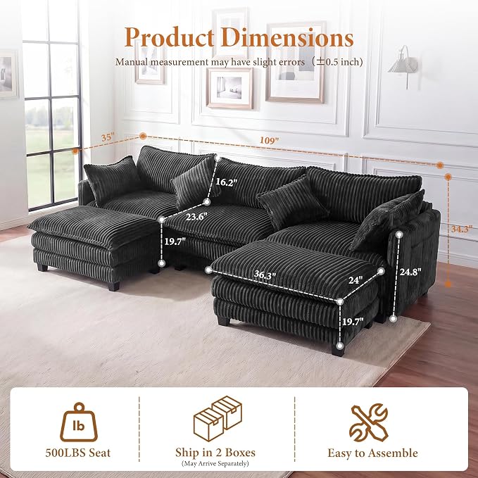 Vesgantti 109" U Shaped Cloud Sectional Sofa, Comfy Corduroy Upholstered - Image 2