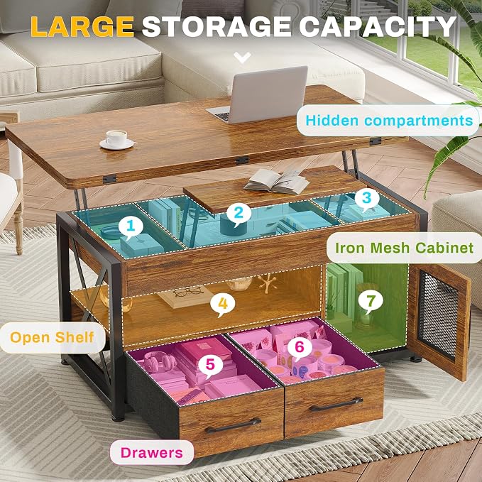 Itaar 40" Lift Top Coffee Table, 4 in 1 Coffee Tables - Image 3