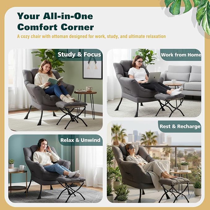 Lazy Chair with Ottoman, Large Accent Chair with Ottoman and a Throw Pillow - Image 9
