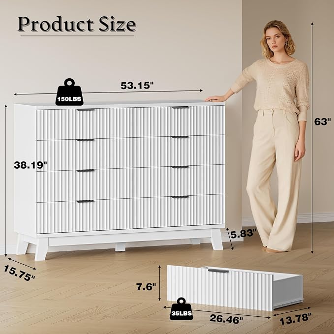 BORNOON 53" Tall Dresser for Bedroom, 8-Drawer Fluted Chest of Drawers - Image 2