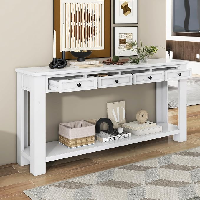 LKTART White Console Table, Solid Wood Sofa Table - Image 2
