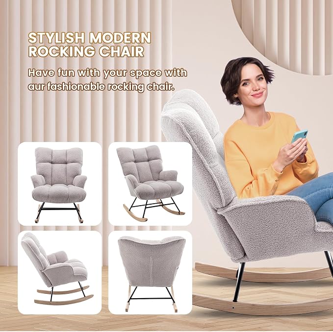 SAETSFEG Rocking Chair Nursery Teddy Upholstered Glider Rocker Rocking Accent - Image 5