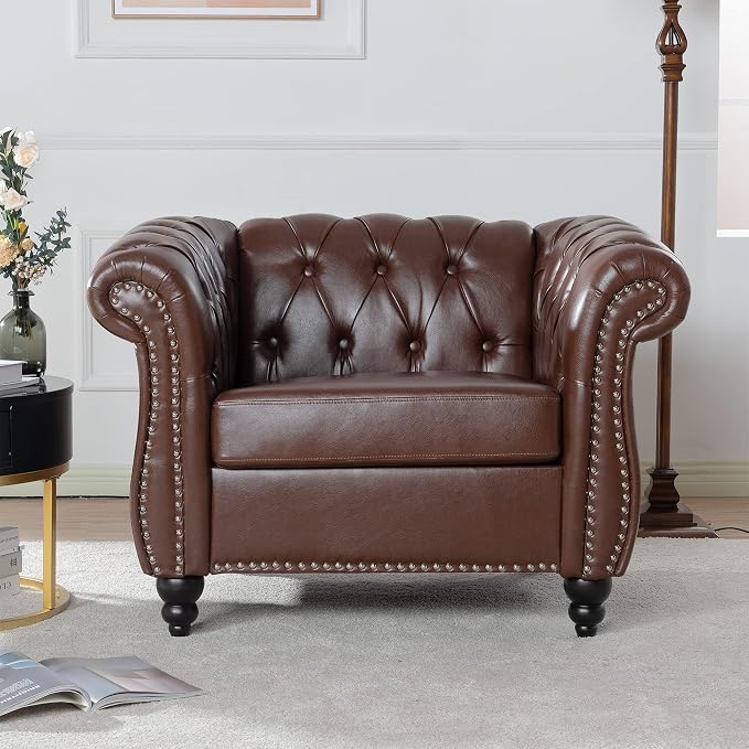 LEVNARY Leather Chesterfield Chair, Mid-Century Modern Single Sofa Chair by LEVNARY