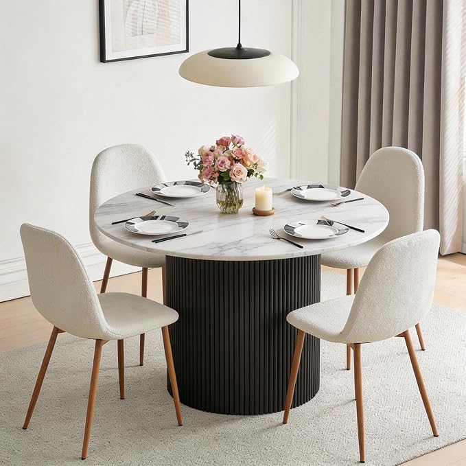 Dining Table Set for 4, Mid Century Modern 47 Inch White Marble-Look Wooden by somedream