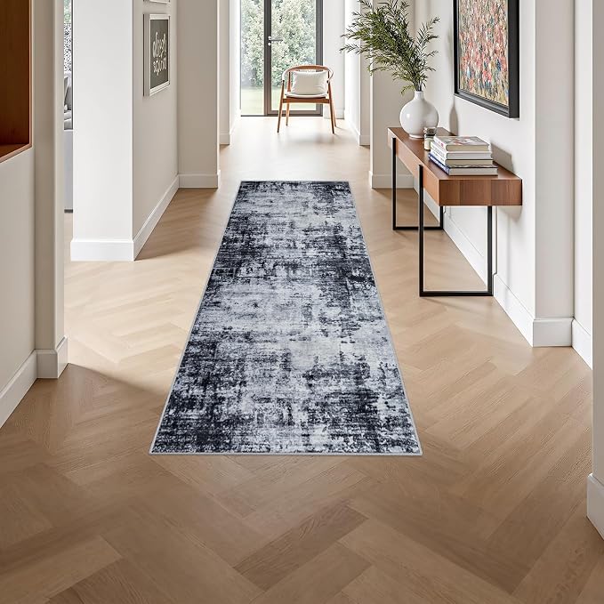 2'x6' Runner Rug Washable Rug: Modern Abstract Soft Thin Runner Rug Dark Black - Image 4